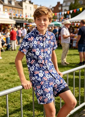 Image of UNICOMIDEA Boys 4th of July Outfits Kids Patriotic Independence Day Tropical Short Sets for 5-12 Years