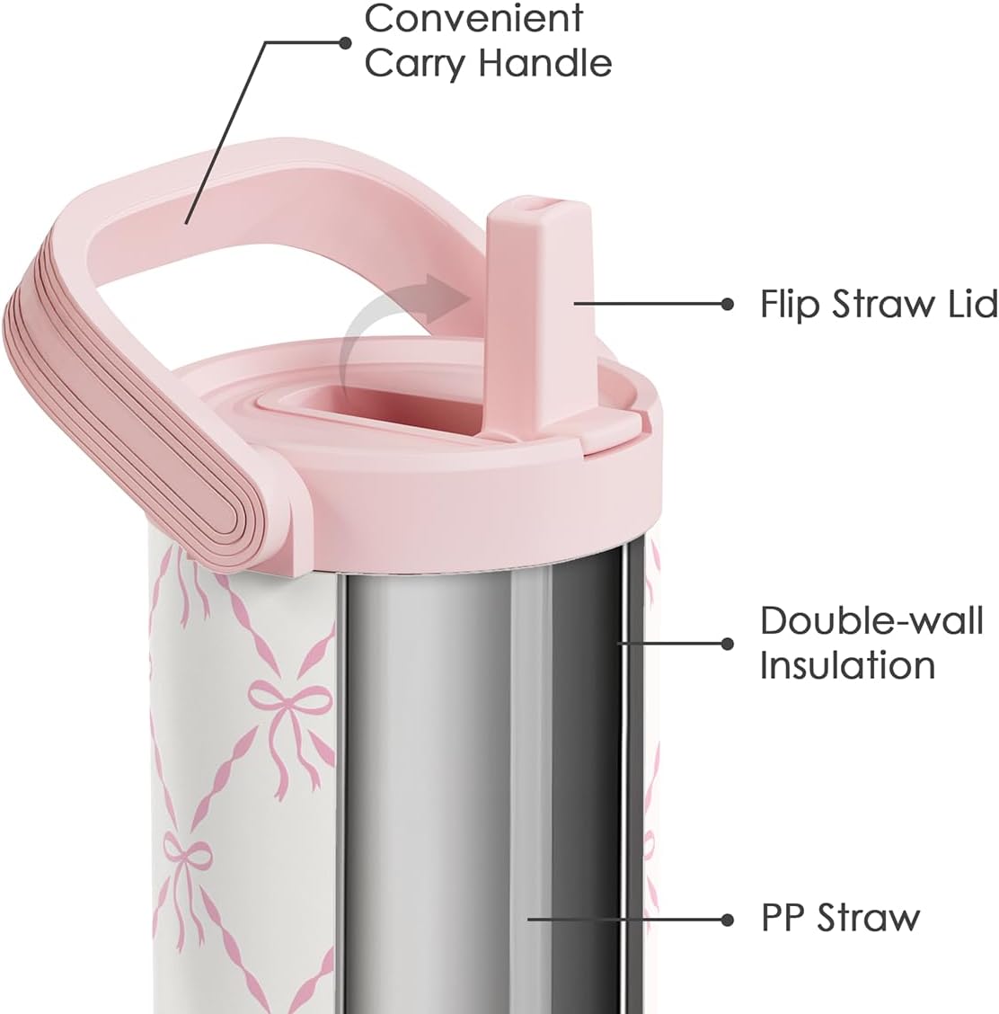 SANDJEST Bow Stainless Steel Straw Lid Tumbler 30oz with Carry Handle for Women Girls, Insulated Travel Coffee Cup, Gift for Sports Outdoor Workout Christmas Birthday - Image 2