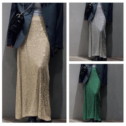 Elegant Sparkling Sequins Stretchy Long Skirt for Women Elastic High Waist A Line Skirt for Formal Parties and Night Out Apricot4