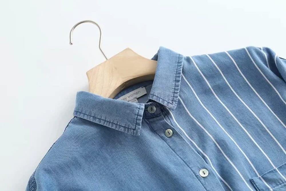 MIDJ Bluse Damen,Elegante Jeanshemdbluse für Damen Mit Langen Ärmeln, Moderne Streifenhemden, Chiffonblusen, Übergroße Oberteile, Businesshemd, Rückenknöpfe, Leichtes Sweatshirt für Mädchen