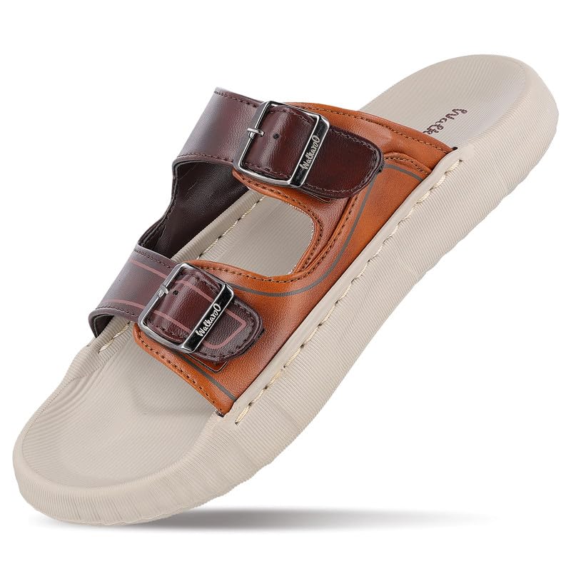 Image of WALKAROO Men's Slide Sandals with Soft Sole, Broad Straps with Buckles and Lightweight - WC8764