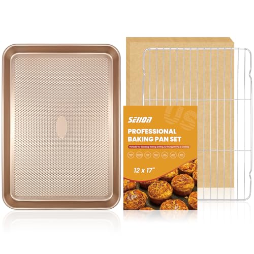 Heavy Duty Baking Sheet with Wire Rack Set, Thickened Carbon Steel pan 17.5'x11.8' with Cooling Rack, Nonstick Baking Pan Warp Resistant, 50 Parchment Sheets for Baking Cookie, Roasting Veggie & Bacon