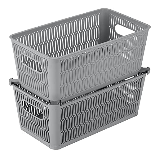 Simplify 2Pk Small Slide 2 Stack It Tote Basket | Storage & Organization | Open Bins with Stackable Capability | Bathroom | Crafts | Pantry | Playroom | Office | Grey