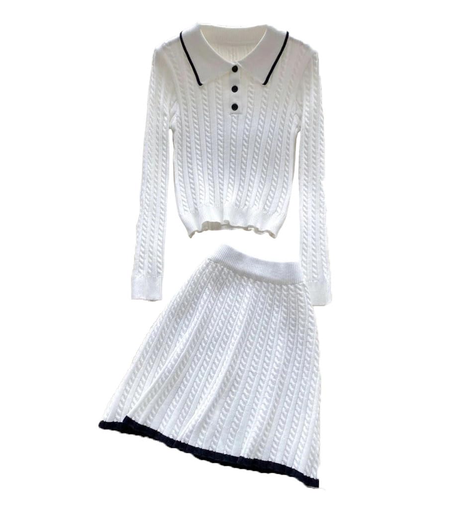 Womens Knit Turn Down Collar Mini Dress Two Piece Set Long Sleeve Top and Sexy High Waist Skirt