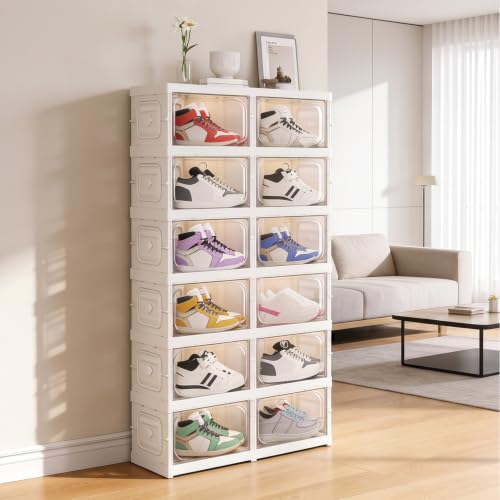 Image of House of Quirk 6-Layer 12-Box Folding Shoe Rack, Space-Saving Shoe Organizer, Foldable Plastic Shoe Cabinet for Home, Bedroom & Bathroom (White)