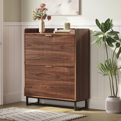 IDEALHOUSE Shoe Storage Cabinet with 2 Flip Drawers, Narrow Wood