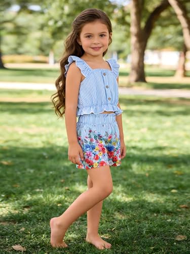 Image of Kids Toddler Girls Summer Clothes Button Design Striped Tank Top + Floral-Print Elastic Shorts 2 Piece Outfits