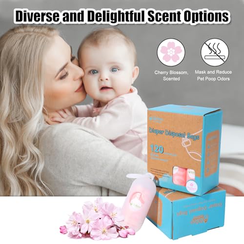 Image of USBOO Disposable Diaper Bags for Baby - 8 Refill Rolls (120 Pack), Disposable Trash Bag with Dispenser - Cherry Blossom Scented, Pink, Ideal for Diaper Disposal