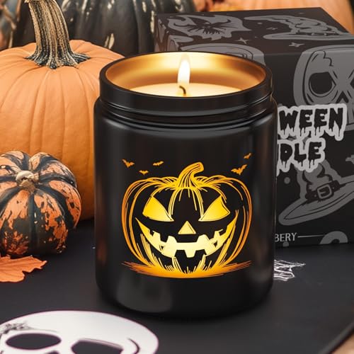 Halloween Candle with LED Pumpkin Face,Fall Candle with Pumpkin Spice Scent Over 40 Hours of Burn Time, Gift for Halloween Decorations Indoor, 100% Soy Wax