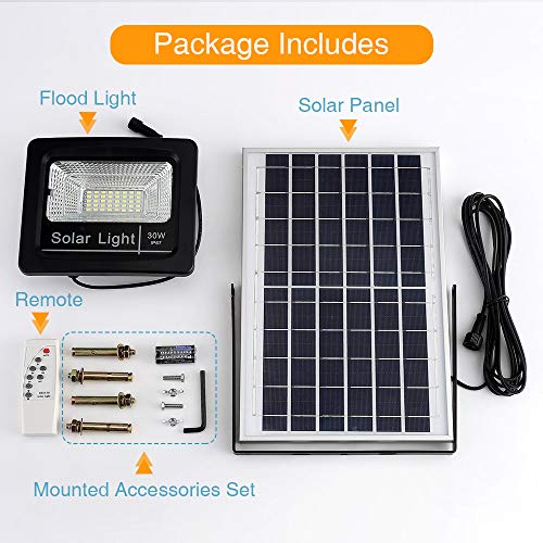 Yorklen 30W LED Solar Flood Lights Outdoor, Dusk to Dawn Solar Powered Street Light with Remote Control, 800 Lumen, IP67 Waterproof, for Yard, Garden, Garage, Pathway, Barn, Street (Cool White)