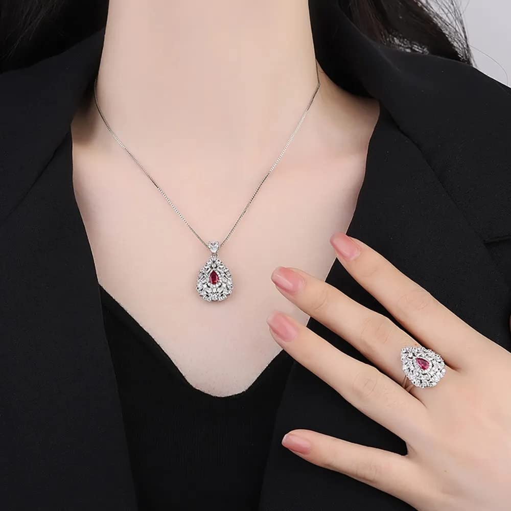 LYGXWJFC 4 * 6mm Collana con Ciondolo in Rubino Anelli per Donna Set Completo di Gioielli da Sposa con Pietre preziose con Diamanti da Laboratorio Regalo Femminile