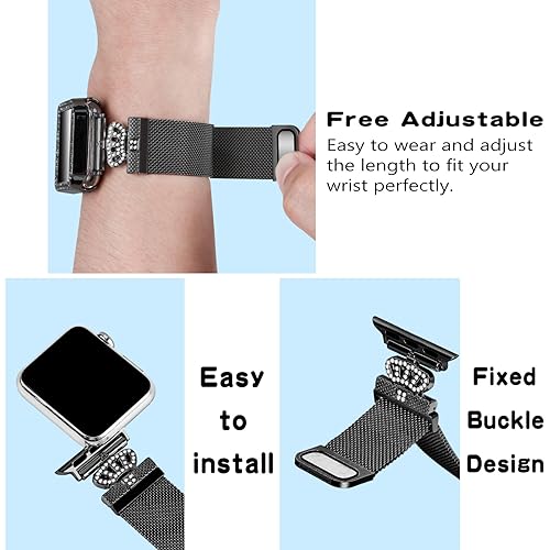 Magnetic Band Compatible with Apple Watch 38mm 40mm 41mm 42mm 44mm 45mm 46mm Stainless Steel Metal Strap with Bling Case and Built-in Screen Protector, Dressy Milanese Loop iWatch Bands for Women