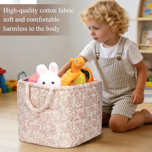 Image of Quilted Fabric Basket Foldable Car Storage Boho Floral Laundry Basket Hamper for Nursery Bedroom & Living Room | Organize Clothes Toys