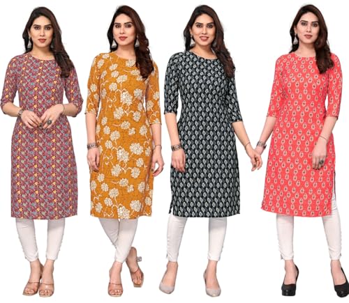 Image of JAKHANA Women's Crepe Printed Casual Straight Calf Length Round Nick Kurta Pack of 4
