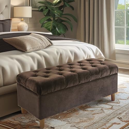 Image of HomePop 40 inch Ainsley Button Tufted Storage Bench - Chocolate Brown Velvet