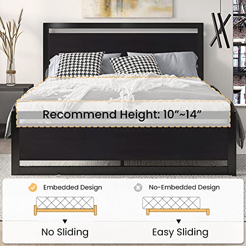 Image of SHA CERLIN Heavy Duty Queen Size Bed Frame with Modern Headboard, Black | Platform Metal Base with Square Footboard and 13 Strong Slats Support, No Box Spring Needed