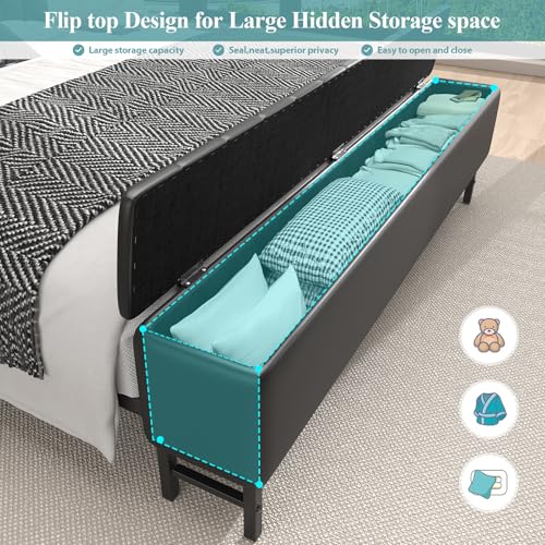 Image of King Size Platform Bed Frame with Storage Headboard, Star Projector, Black | Charging Station, Heavy-Duty Metal Slats, PU Leather Upholstered Platform, Storage Ottoman, Noise-Free, No Box Spring Needed