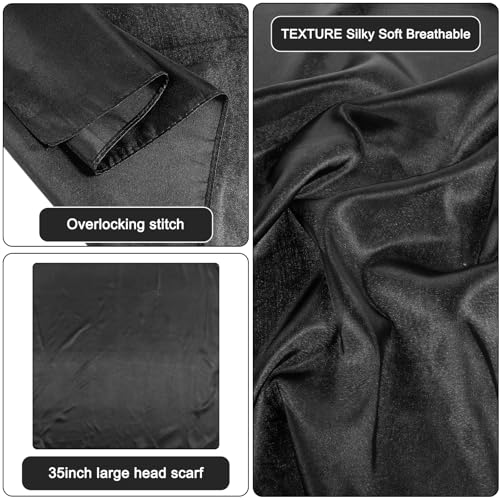 Black Silk Scarf, Satin Head Scarf Set, Large Bandana Neck Scarfs for Women, 2 Pack Sleeping Hair Wrap for Nighttime Hair Care Travel Beach Workout Yoga, Vintage Style Headband Protection3