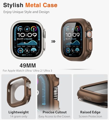 Image of ULTIMAL Metal Case Compatible with Apple Watch Ultra 3 /2 /1 49mm with Back Cover, Military Grade Shockproof Protective Case, Rugged Cover for iWatch 49mm (Brown)