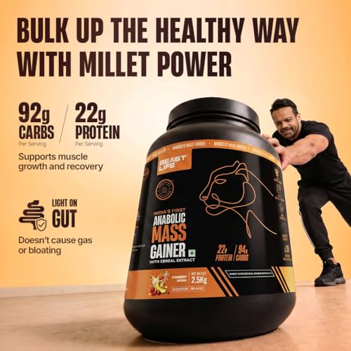 Image of BeastLife High Protein Mass /Weight Gainer | 2.5 KG | Strawberry Banana | NABL LAB Tested | For Muscle Gain & Fast Growth | Cereal-Based Formula, No Maltodextrin | India's #1 Cereal Based Bulk Gainer