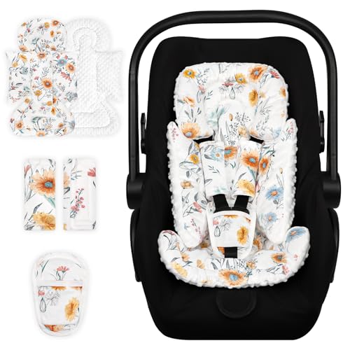 HNHUAMING Infant Car Seat Insert Cushion for Newborn Girls Boys, 3 in 1 Ultra Soft Minky Newborn Body Support Insert Fits Car Seat, Stroller, Swing, Bouncer, Daisy Flower