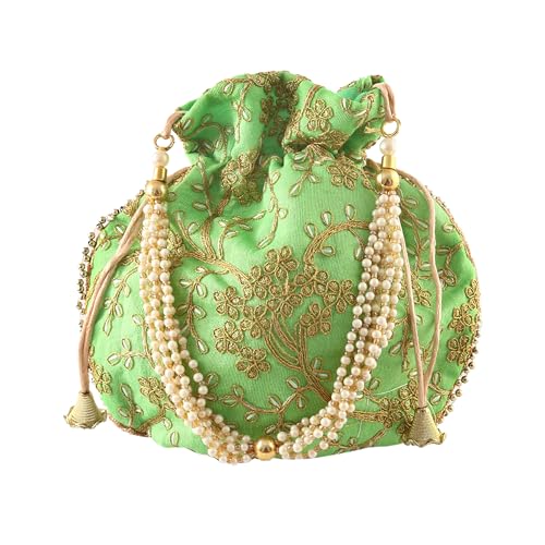 Image of Handcrafted Potli Purse with Golden Floral Embroidery and Pearl Accents