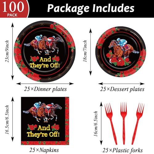 Image of Qyeahkj 100PCS Derby Day Plates and Napkins Party Supplies Horse Racing Tableware Set Kentucky Party Decorations Favor Racing Horse Roses Dinner Plates for Derby Day Celebrations Serves 25