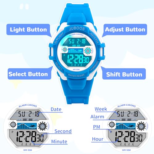 Image of Juboos Kids Digital Watch for Boys Girls 5-18, 7 Colors LED Light Kids Sports Outdoor Wristwatch, Waterproof Watch with Alarm, Stopwatch