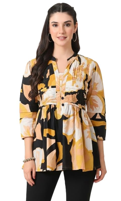Image of Sun Fashion And Lifestyle Women's Cotton Printed Top Abstract Print Pleated Yoke Tunic Casual Regular Fit Shirt for Office (KT67 Yellow)