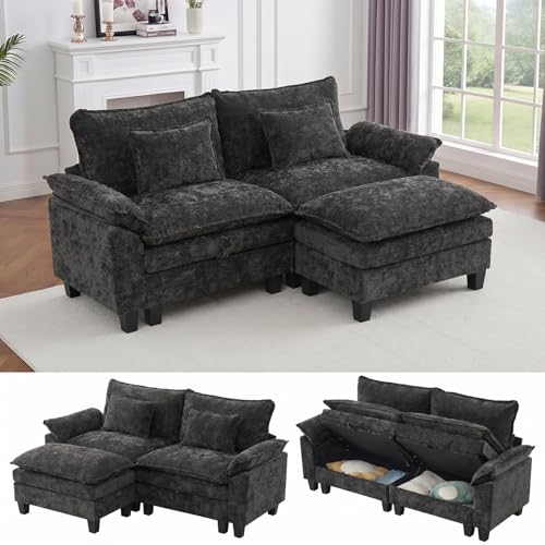 Image of IPKIG 82.3 inch Modular Cloud Couch with Storage, L Shaped Sectional Sofa with Ottoman & Pillow, Chenille Deep Seat Sectional Couches for Living Room, Apartment, Black