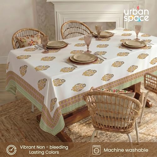 Image of Urban Space 100% Cotton Dining Table Cover 6 Seater, Jaipuri Handblock Cotton Table Cloth for Center Table, Dining Room Table Cover (Size 48 inch x 92 inch - 6 Seater, Amrapali Green)