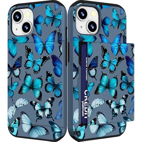 IWONE Compatible with iPhone 15 Plus Case Cute with Card Holder Slim Slot Phone 15 Plus Wallet Cases for Women/Blue Butterflies Bright Animals Beautiful Theme Ornament Cover