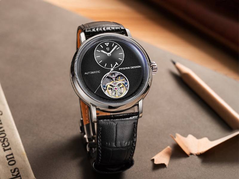 SUZAKU Orologio da uomo meccanico cinturino in pelle moda business acciaio inossidabile 42 mm orologio sportivo 100 m impermeabile (Oro nero