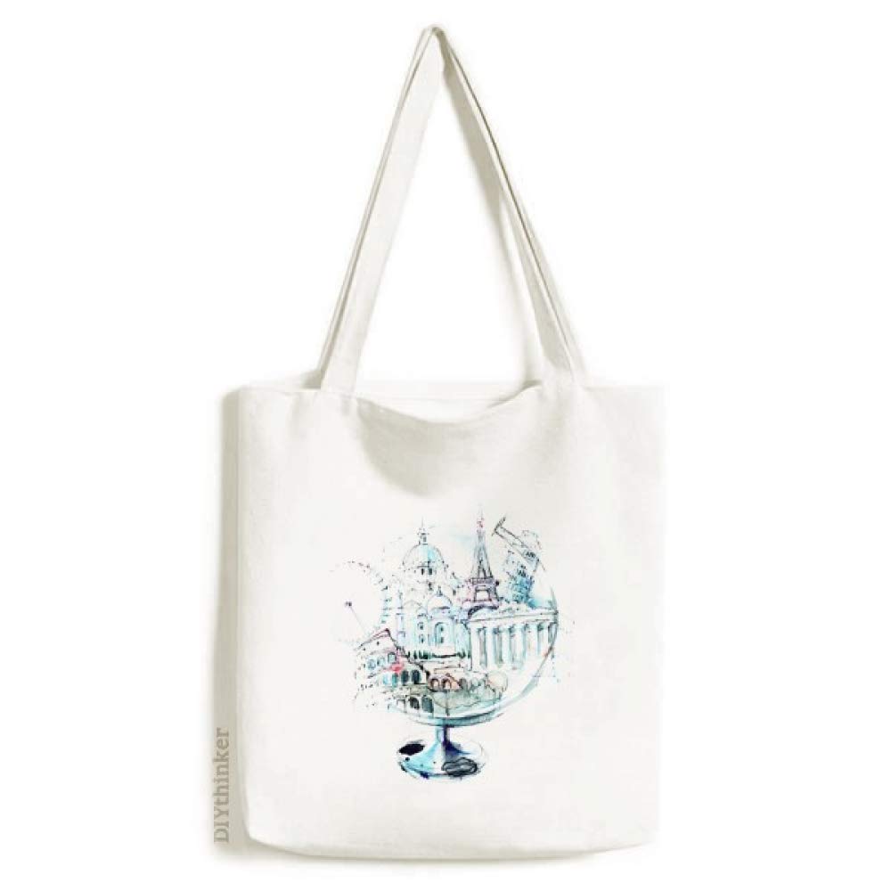 guchchi Globe London Eye Eiffel Tower Watercolor Tote Canvas Bag Shopping Satchel Casual Handbag