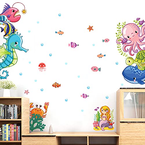 Wallpark Under Sea Animals Wall Decals Mermaid Seahorse Whale Octopus Fish Wall Stickers, Children Kids Baby Home Room Nursery Diy Decorative Adhesive Art Wall Mural #TOP1