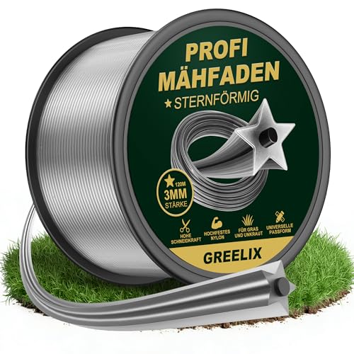 GREELIX Trimmerfaden 3mm x 120m Sternform Mähfaden aus Nylon für Rasentrimmer & Motorsense Verstärkung Freischneider Faden Sauberer Schnitt