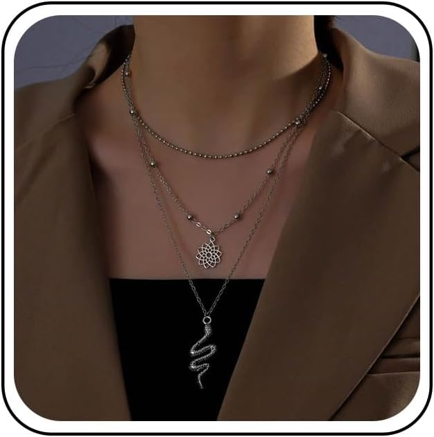 Andelaisi Boho Layered Snake Necklace Choker Vintage Lotus Flower Choker Necklace Punk Snake Serpent Necklace Gothic Snake Pendant Necklace Jewelry for Women
