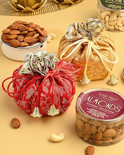 Image of HyperFoods Bhai Dooj Tikka For Brother Rawfruit's Handcrafted Potli Pack of 4 DryFruits 495 Grams with Thali Dry Fruits Gift Box DryFruit Combo Pack Tikka For Bhai Dooj Tikka for BhaiDooj with Gift