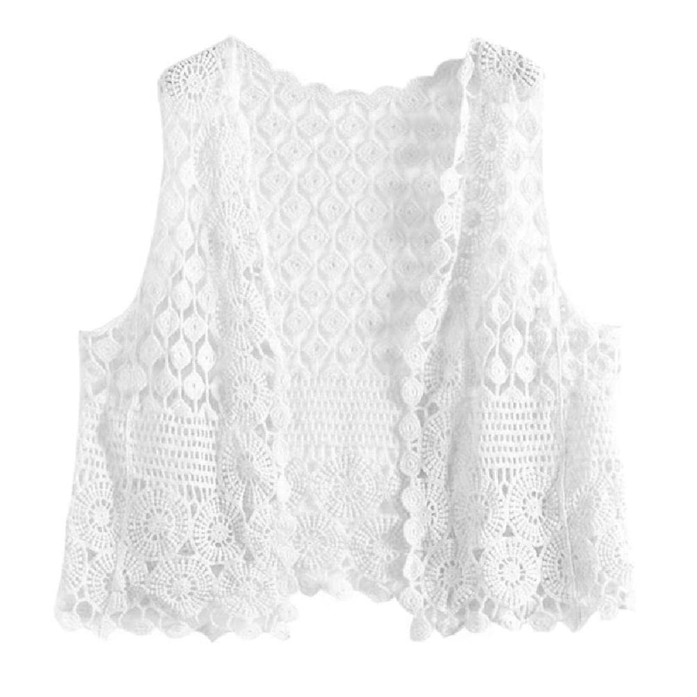 Chniafin Women's White Crochet Sleeveless Vest Waistcoat Hollow Knit Geometric Cardigan For Jacke Brown Sleeveless Cardigan