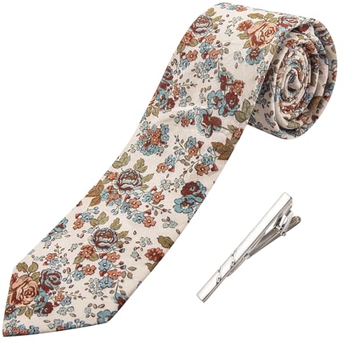 Image of Barry.Wang 100% Cotton Floral Ties for Men 63 inch Extra Long Necktie Clip