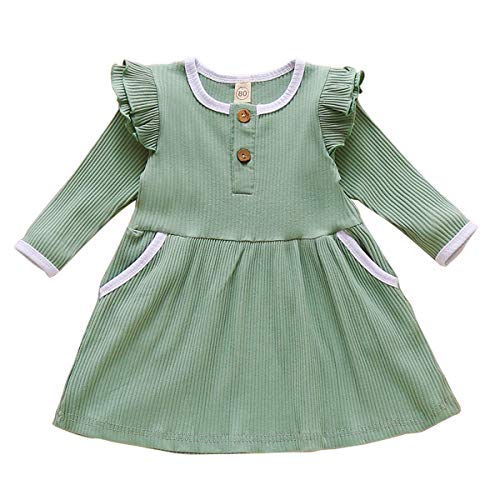 MODNTOGA Infant Toddler Baby Girls Ribbed Ruffle Dress Solid Color Long Sleeve Dresses Fall Winter Outfits (Green, 1-2T)