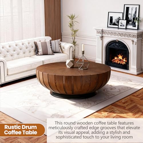 Table basse cannelée en bois massif marron et base solide - 4