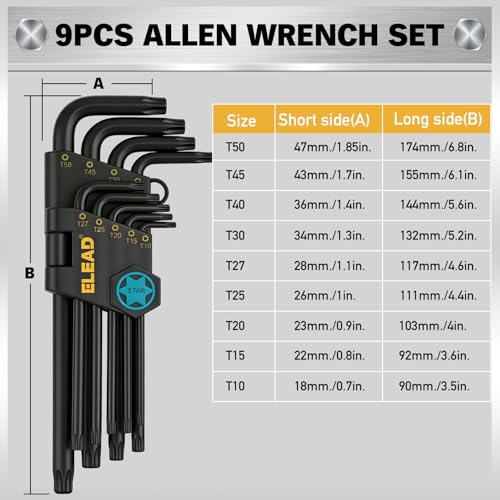 Image of ELEAD 11-Piece Torx Star Allen Wrench Set with Extension Bar, Long Arm Torx Key Set T10-T50, Heat-Treated S2 Steel