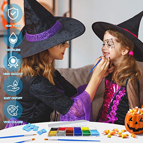 ETEREAUTY Face Body Paint, Halloween Cosplay Makeup with 12 Colors, 5 Disposable Towels, 4 Brushes - Face Painting Kits for Kids and Adults, Face Paint Kit for Sensitive Skin, Easy on/off - Thumbnail 6