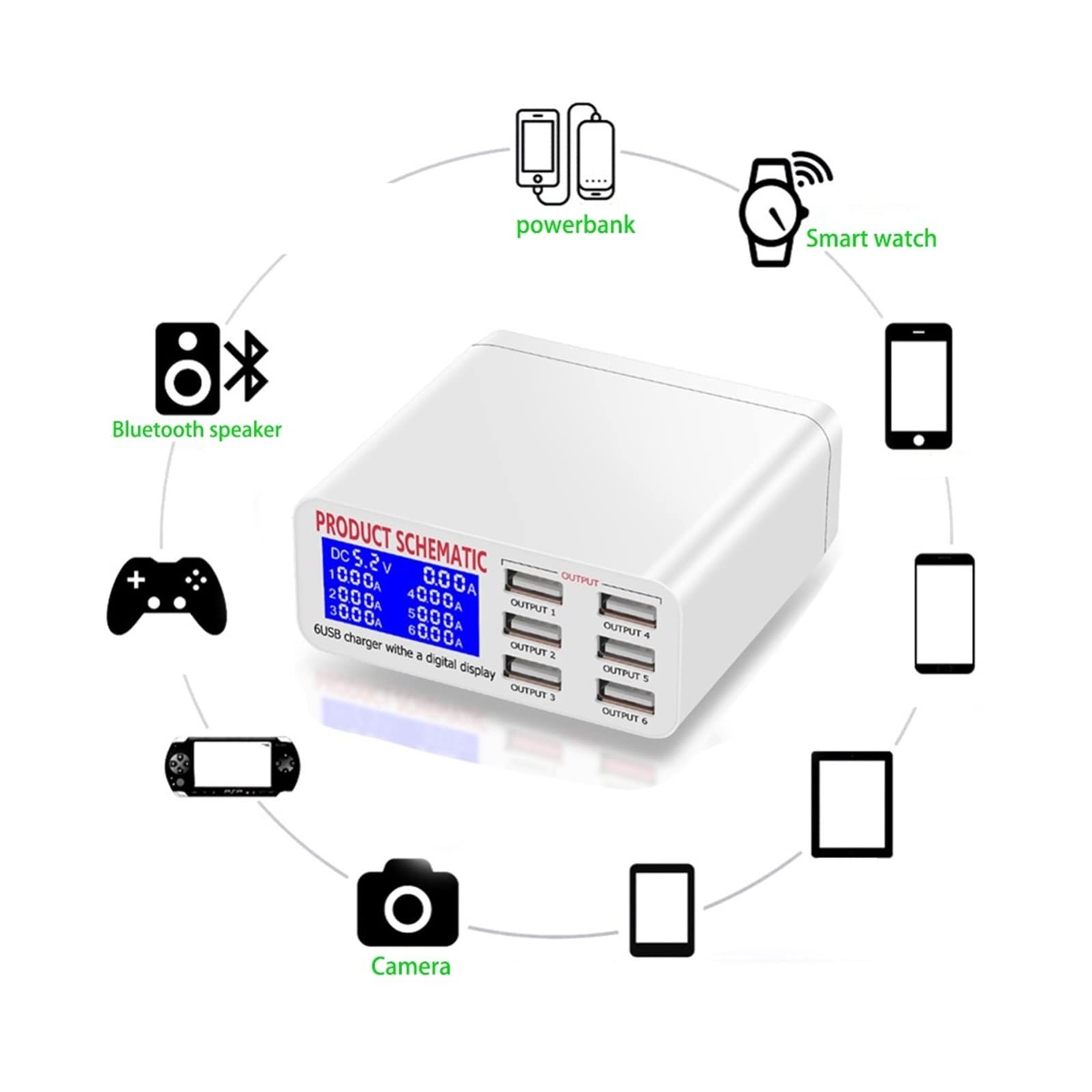 Stacja ładowania, Stacja ładująca USB z wyświetlaczem LCD 6 portów stacjonarna ładowarka do telefonu komórkowego inteligentne szybkie ładowanie do smartfonów Tablet PC(896 5USB QC3.0)