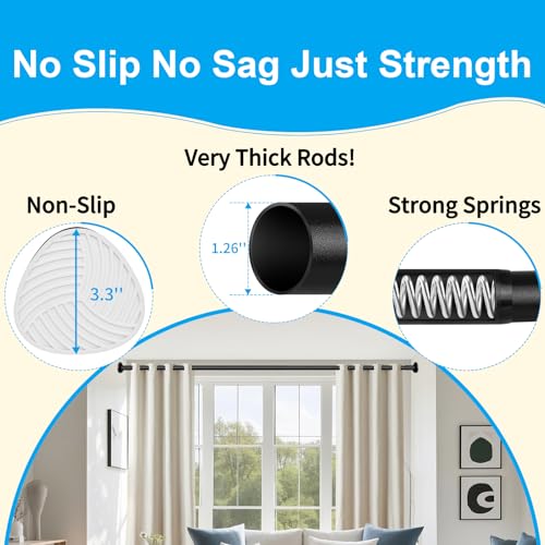 Image of Tension Curtain Rod 51-126 Inch, Long Curtain Rod No Drilling for Window or Bathroom, Outdoor Curtain Rods for Patio Tension Rods, Easy to Install, Never Rust, Rod Diameter 1.26 Inches - Black