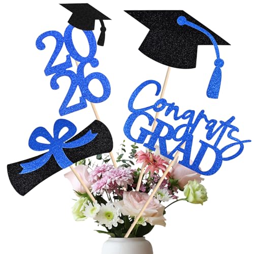 Image of 20 PCS 2026 Graduation Party Decorations Set, Class of 2026 Double Sided Graduation Centerpiece Stick Glitter for Tables,Table Toppers,Party Accessories,Black /Blue
