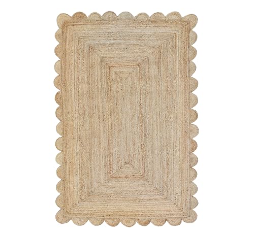 KALVEERA Jute Area Rug in Braided Rectangular Scalloped with Multi