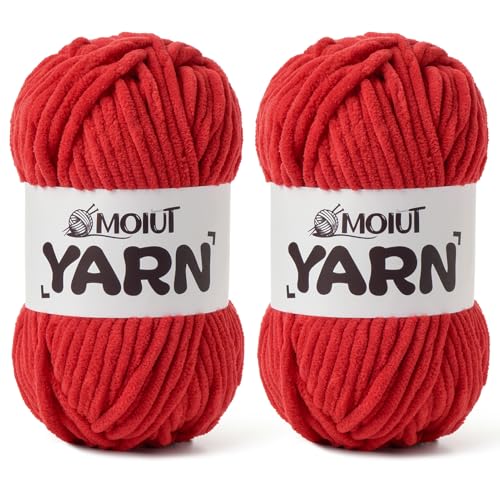 Image of 2 Pack Fluffy Chenille Yarn for Crocheting, Chunky Velvet Yarns for Crochet Amigurumi, Baby Yarn for Crocheting Soft Blanket, 174.9yds /7 oz Bulky Yarns for Crafts /Hats /Shoes /Socks (2 Red)