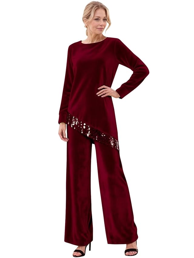 Velvet Mother of The Bride Pants Suits for Wedding Long Sleeve Sequin Formal Outfit Sets 2 Piece Sets